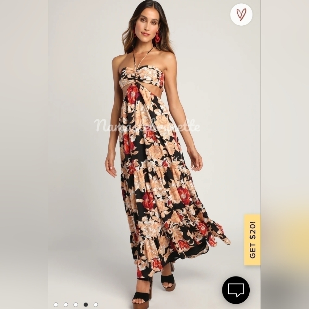Nwt Lulu's L Black Floral Print Cutout Halter Maxi Dress - Picture 4 of 16
